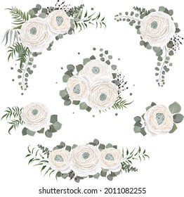 Colección de vectores florales. Rosas blancas, ranunculus, bayas, eucalipto, plantas verdes y hojas. Composiciones de flores sobre fondo blanco. 