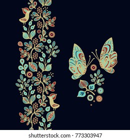 Floral vector composition with birds and butterfly on dark background