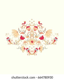 Floral vector  composition  with red birds on light background