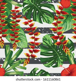 Floral vector composition tropical red hibiscus, heliconia flowers and palm, banana, monstera leaves seamless pattern on striped black white background. Repeating design exotic plants.