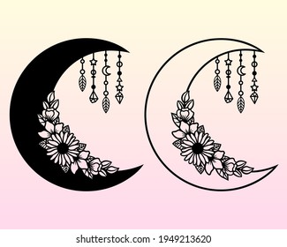Luna crescente vector floral. Ilustración decorativa al estilo boho. Símbolo étnico hecho a mano. Para cortar papel y láser, imprimir en camisetas, tazas. Elemento místico negro para tu diseño.
