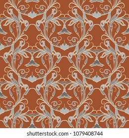 Floral vector damask seamless pattern.  Ornate baroque background. Beautiful flowers, swirls, lines, leaves. Patterned luxury design. Fabric pattern, wallpapers, textile . Rich tracery texture