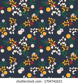 Floral vector dark blue seamless pattern.