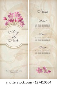 Floral vector decorative wedding menu invitation template design with beautiful realistic bouquet of pink flowers, abstract decorative wallpaper pattern on grunge textured background in vintage style