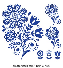 Floral vector design, folk art vector ornament with flowers, Scandinavian navy blue pattern.
Retro floral design inspired by Swedish and Norwegian traditional embroidery 
