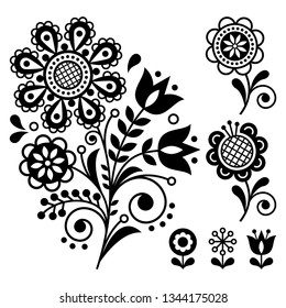 Floral vector design, folk art vector ornament with flowers, Scandinavian black and white pattern. Retro floral design inspired by Swedish and Norwegian traditional embroidery 