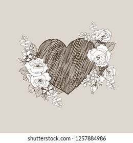 Floral vector design frame with big heart. Linear roses, eucalyptus, berries, leaves witn white silhouette. Hand drawn wedding card. Valentines Day concept. Love concept