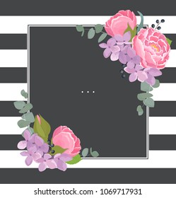 Floral vector design with frame, decorated with romantic summer flower bouquets with rose, hydrangea, peony, eucalyptus leaves in watercolor style. Text template on striped geometric background
