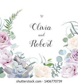 Floral vector design frame. Dusty violet lavender,creamy and mauve antique rose, purple pale flowers,succulent wedding card. Eucalyptus, greenery.Elegant invitation. Watercolor style. Isolated.