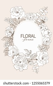 Floral vector design frame. Linear roses, eucalyptus, berries, leaves witn white silhouette. Wedding card on pink. All elements are isolated and editable.