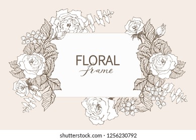 Floral vector design frame. Linear roses, eucalyptus, berries, leaves witn white silhouette. Wedding card on pink. All elements are isolated and editable.