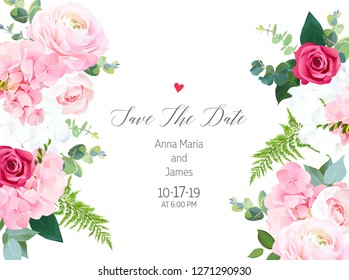 Floral vector design horizontal frame. Pink ranunculus, red rose, white hydrangea flowers, eucalyptus, forest fern, greenery. Wedding elegant card. All elements are isolated and editable