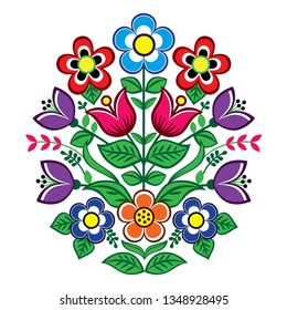 Floral vector design, Polish folk art vector decoration, Zalipie decorative pattern with roses and leaves - greeting card, wedding invitation. Retro folk design inspired by traditional ornaments 