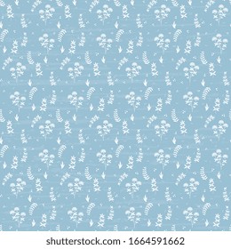 Blumendesign für Vektorillustration. Nahtlose weiße Blumen, Kräuter, Zweige, Blätter auf blauem Hintergrund, handgefertigt, strukturiert. Frühlingsschöne Illustration.