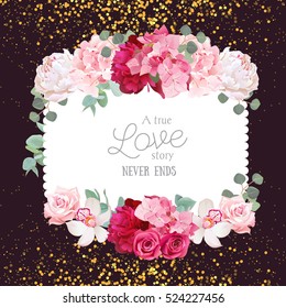 Floral vector design square card with golden glitter dark background. White and burgundy red peony, pink roses and hydrangea flowers, orchid, eucalyptus leaves. All elements are isolated and editable