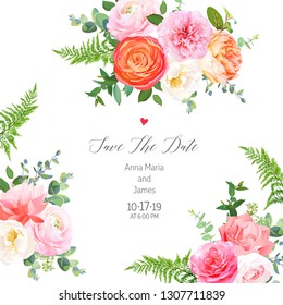 Floral vector design square sides frame.Pink rose, orange ranunculus, juliet garden rose, coral carnation, peony flowers, forest fern, greenery.Wedding elegant card.Elements are isolated and editable