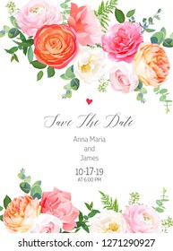 Floral vector design vertical frame.Pink rose, orange ranunculus, juliet garden rose, coral carnation flowers, eucalyptus, forest fern, greenery.Wedding elegant card.Elements are isolated and editable