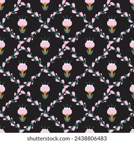 Floral Vector Diamond Pattern Ivy Tulip Flowers Seamless Textured Trendy Color Popular Illustration Abstract Hand Drawn Pattern Design Wallpaper Wrapping Paper Textile Print Fabric Print Dress Shirt 