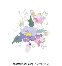 Floral vector element. Color and outline drawing by hand, abstract flowers of muted shades, template.