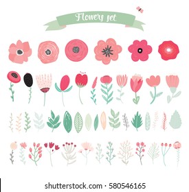 Floral vector elements. Set of different flowers and leafs. Isolated on white background. Good template for wedding, mothers day, birthday, invitations.