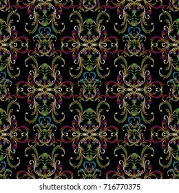 Floral vector embroidery seamless pattern in Baroque style. Black ornate background with gold green red 3d flowers, scroll leaves and antique tapestry damask ornament. Hatchet grunge surface texture