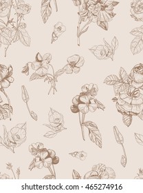 Floral vector engraving pattern with peony, pansy, rose