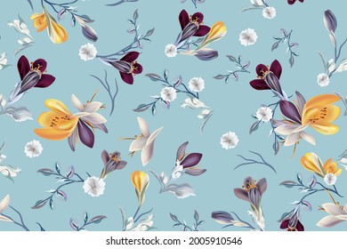 Floral vector fashion pattern with crocus flowers