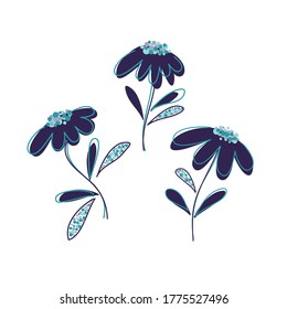 Floral vector with flat doodle style abstract flowers and leaves. Collection of hand drawn sketch style from simple lines and dots. Shades of dark blue, purple, pink.