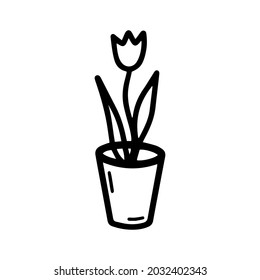 Floral vector flower in a pot, a tulip in doodle style isolated on white background. Cute flower coloring illustration for seasonal design, textile, decoration kids playroom or greeting card.