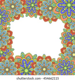 Floral vector frame background with colorful mandala flowers