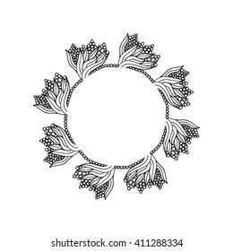 Floral vector frame black and white. Vintage ornament greeting card template. Retro wedding invitations design and place for text. Flower decor