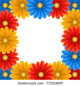 Floral vector frame. Blue, red and yellow flowers on a white background.