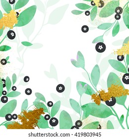 Floral vector frame with blueberry twigs, leaves and berries. Watercolor textured  vector backdrop in green and velvet black colors. Glittering blots and gold dust texture.