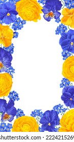 Floral vector frame. Botanical design with realistic yellow and blue flowers. Isolated on white background Ranunculus, Viola, Buttercups, Pansies, Forget-me-not. Poster, postcard, place for text