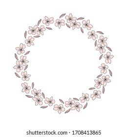Marco vectorial floral con flores de cerezo y hojas aisladas en fondo blanco. Dibujado a mano. Plantilla en blanco para la invitación de boda y la elaboración de tarjetas. Corredor circular herbal con flores de primavera