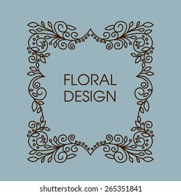 Floral  vector frame with copy space for text in trendy mono line style. Monogram design element