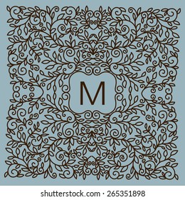 Floral  vector frame with copy space for text in trendy mono line style. Monogram design element