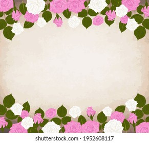 Floral vector frame decorated in pink and white roses and leaves isolated and with textspace.