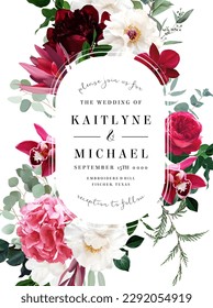 Floral vector frame. Hand painted plants, flowers, leaves on white background. Greenery botanical wedding invitation. Watercolor style. Natural card design. All elements are isolated and editable.