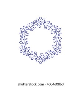 Floral vector frame with leaves, hexagon, line design