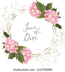 Floral vector frame. Pink hydrangea, gold frame, sparkles. Hydrangea branches.