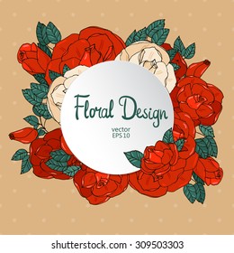 Floral vector frame with red garden roses and place for your text.