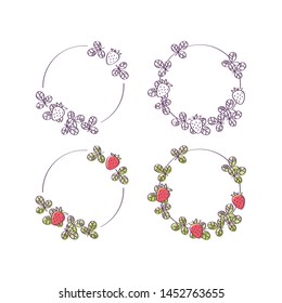 Floral vector frame. Set of 4 colorful wreaths with branches, leaves and ‪strawberry‬ berries. Decorative elements for design