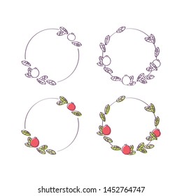 Floral vector frame. Set of 4 colorful wreaths with branches, leaves and cranberry berries. Decorative elements for design