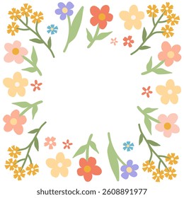 Floral vector frame with space for text in flat style. Illustration of abstract simple and cute flowers. Garden theme for design of card, banner, invitation.