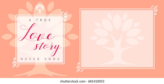 Floral vector frame template banner with pink leaves, romantic tree and text A true Love story never ends. Wedding love story floral leaf frame invitation card