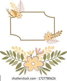 Floral vector frames. Flowers square border. Cute botany illustration. Simple fantasy flowers. Green leaves wreath. Minimalim plants. Summer garden herbs. Vintage wedding wreath. Invitation card.