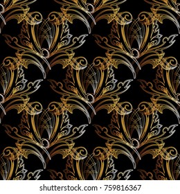 Floral vector gold baroque seamless pattern. Black flourish damask background. Golden line art tracery flowers, scroll leaves, antique old ornaments in victorian style. Endless texture. Luxury design
