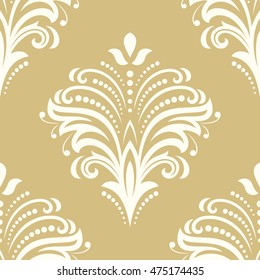 Floral vector golden and white ornament. Seamless abstract classic pattern with flowers