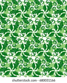 Floral vector green and white ornament. Seamless abstract classic background with flowers. Pattern with repeating elements
